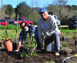 Tribal Elder Michael Higuera (left) and Chairman Valentin Lopez (right) planting at Pie Ranch. Photo courtesy Sally Kimmel