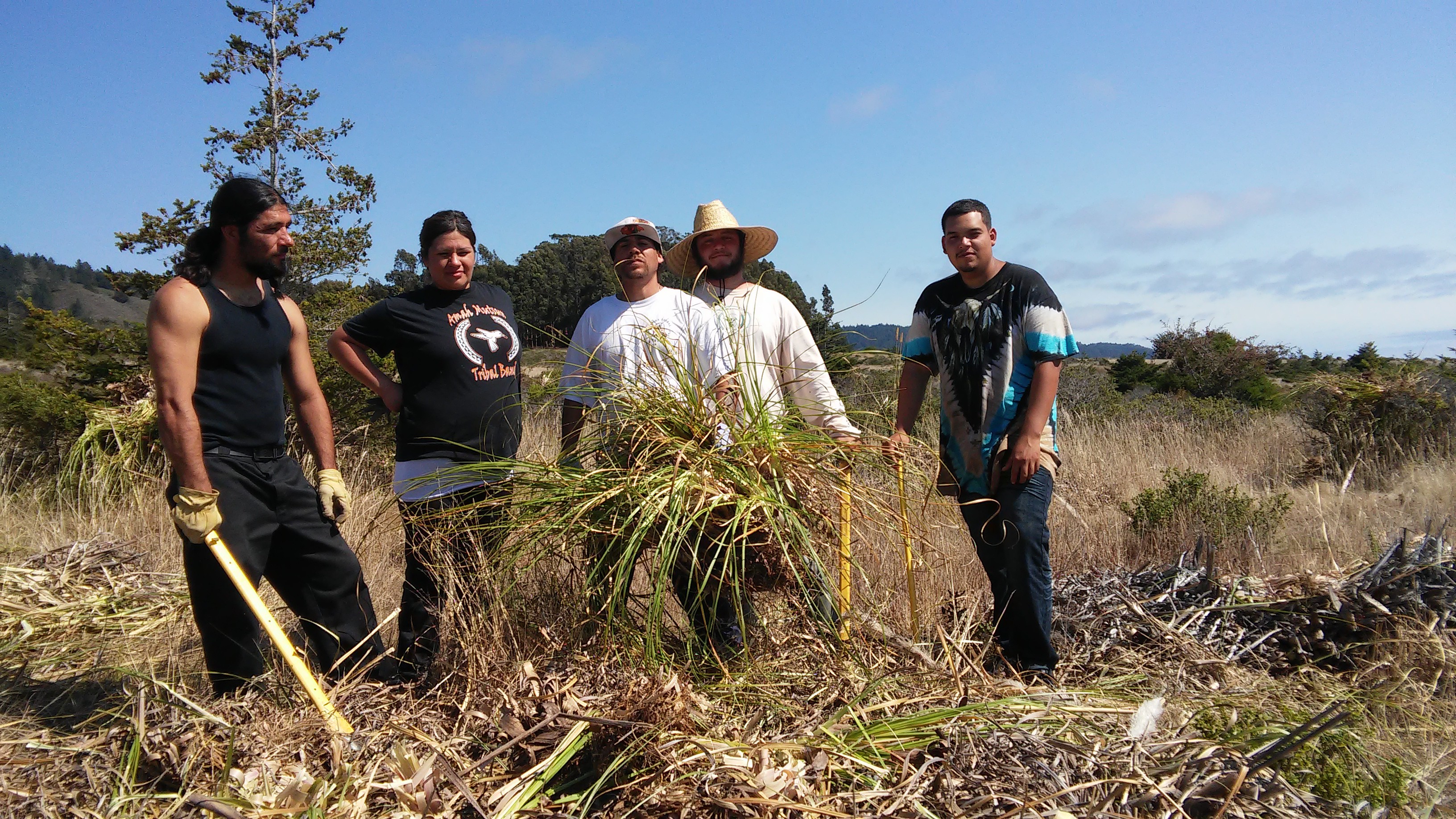 The August 2016 Amah Mutsun Native Stewards. From left to right: Abran Lopez, Natalie Garcia, Gabriel Pineda, Paul Lopez and Nathan Vasquez.